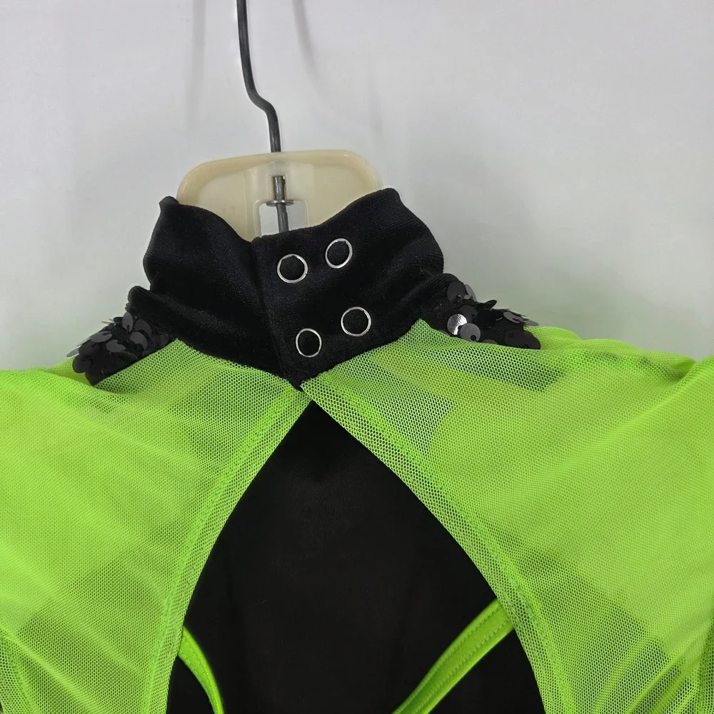 Weissman Black Neon Green Sequin Dance Costume Leotard Peplum MC Jazz Tap